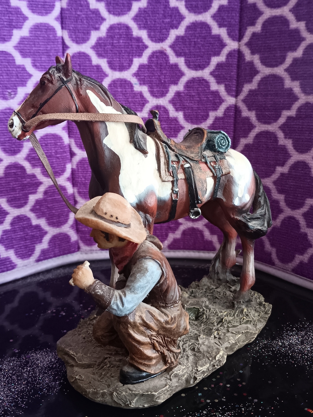 Rustic Cowboy & Horse Figurine Statue in Brown and Cream - Picture 2 of 3